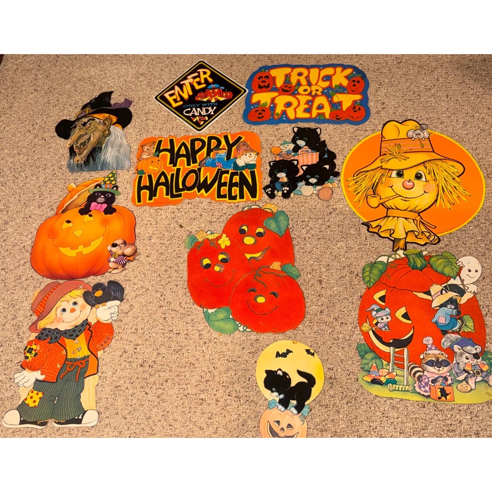 Vintage 80s 90s Halloween Die Cut Decor Flocked Witch Scarecrow Cat